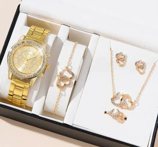 Mandotos elegant rose gold watch ensemble with matching bracelet and jewelry pieces, showcasing a sophisticated style.