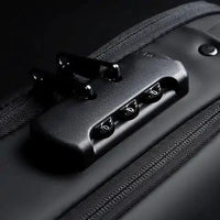 Mandotos Elite Leather Sling Bag showing its sleek black leather design with adjustable strap and compact size.