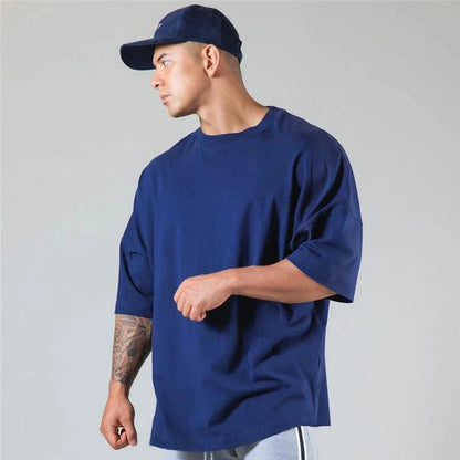 JAPAN&UK Cotton Gym Sport T Shirt Men Short Sleeve Running Shirt Men Workout Training Tees Fitness Loose large size M-XXXL
