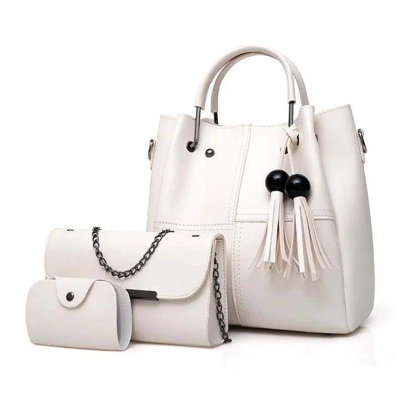 Mandotos European and American fashion single shoulder messenger bag for ladies with three-piece tassels and spacious design.