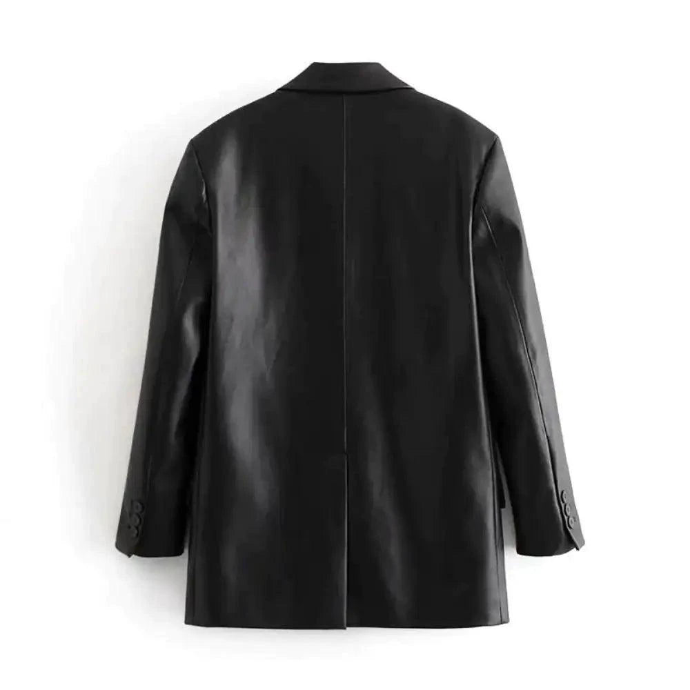 Mandotos Farah faux leather blazer featuring a tailored fit, lapel collar, and sleek black finish on a model.