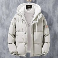 Mandotos men's winter hooded jacket with windproof, thickened cotton, and a solid two-piece design for casual and sports wear.