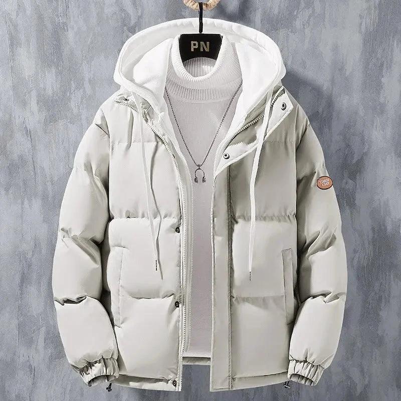 Mandotos men's winter hooded jacket with windproof, thickened cotton, and a solid two-piece design for casual and sports wear.