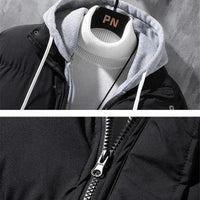 Men's winter hooded windproof cotton jacket by MANDOTOS, thickened, solid color, two-piece style, suitable for leisure and sports.