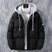 Mandotos men's winter hooded jacket with windproof, thick cotton design, solid color, and sporty two-piece style for casual wear.