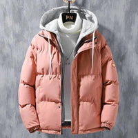 Mandotos men's winter hooded windproof cotton jacket with thickened fake two-piece design, solid color, casual sports style.