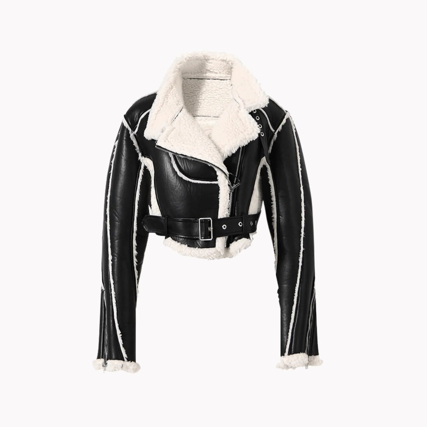 Faux leather cropped jacket by MANDOTOS featuring a fitted design, collar, and long sleeves on a neutral background.