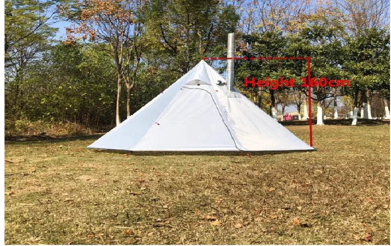 Mandotos Featherlight Pyramid Camp Shelter set up outdoors, showcasing its lightweight design and durable fabric for camping.