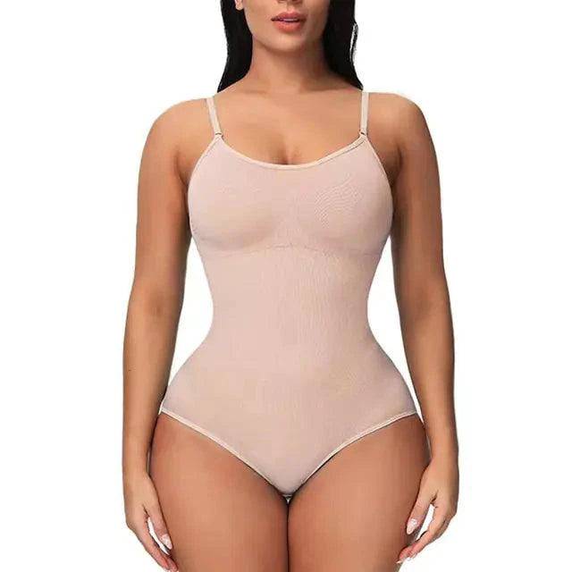 Mandotos Figure Sculpting Shaper Bodysuit displayed on a model, highlighting its seamless design and body-smoothing fit.