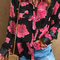 Mandotos Floral Elegance long sleeve shirt featuring a vibrant floral print and classic fit, displayed on a hanger.