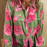 Mandotos Floral Elegance long sleeve shirt with vibrant floral print, lightweight fabric, and tailored fit on a model.