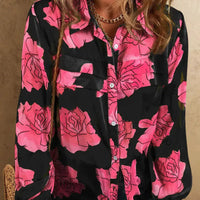 Mandotos Floral Elegance long sleeve shirt with vibrant floral pattern and tailored fit, displayed on a hanger.