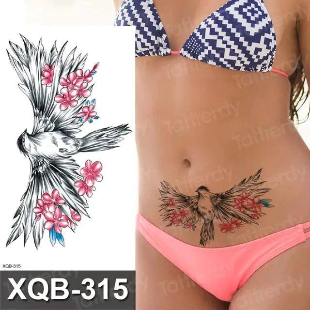 Mandotos Floral Essence Body Art Tattoo with intricate floral designs on skin, showcasing detailed body art and vibrant patterns.