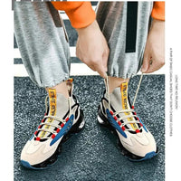 Mandotos Fly Woven Mesh High-Top Sneakers with breathable mesh upper and thick soles, designed for running and casual wear.