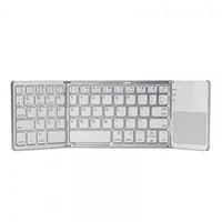Mandotos folding Bluetooth keyboard opened, showing keys and compact design for portable wireless typing.