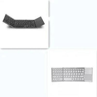 Mandotos folding Bluetooth keyboard opened, showing keys and compact design for portable wireless typing.