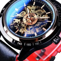 Mandotos Forsining Scarlet leather strap wristwatch with round dial and gold accents on a white background.