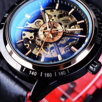 Mandotos Forsining Scarlet leather wristwatch with round dial, silver-tone case, and adjustable leather strap.