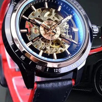 Mandotos Forsining Scarlet leather strap wristwatch with round dial and silver-tone case, stylish men's timepiece.