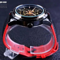 Mandotos Forsining Scarlet leather strap watch with round dial and silver accents, showcasing elegant timepiece design.