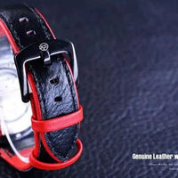 Mandotos Forsining Scarlet leather strap wristwatch with round dial and silver accents on a white background.