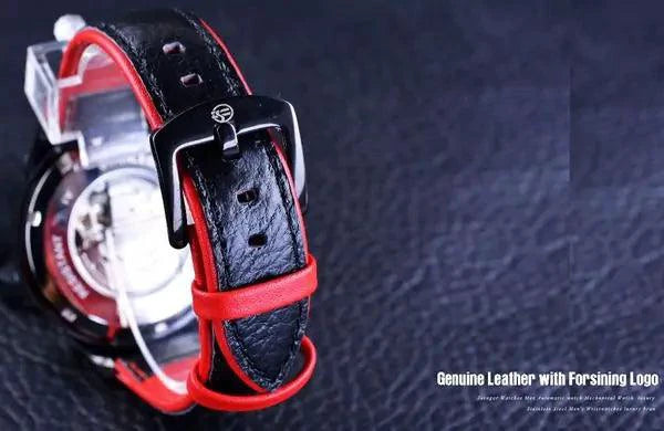 Mandotos Forsining Scarlet leather strap wristwatch with round dial and silver accents on a white background.