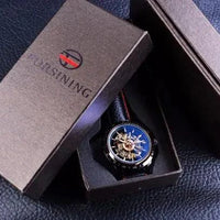 Mandotos Forsining Scarlet leather wristwatch with round dial and metal case, stylish timepiece for men.