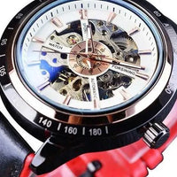 Mandotos Forsining Scarlet leather wristwatch with round dial and metal case, stylish timepiece for men.