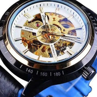 Mandotos Forsining Scarlet Leather Timepiece with round dial and black leather strap on a white background.