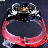 Mandotos Forsining Scarlet Leather Timepiece featuring a black watch face and red leather strap on a white background.