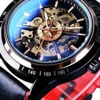 Mandotos Forsining Scarlet leather strap watch with round dial and silver-tone case, stylish men's timepiece.