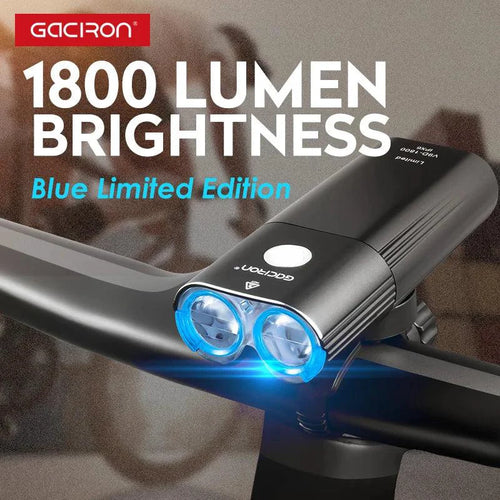 MANDOTOS GACIRON bicycle front light with 400-1800 lumens, waterproof LED headlamp, USB rechargeable for MTB and road cycling.