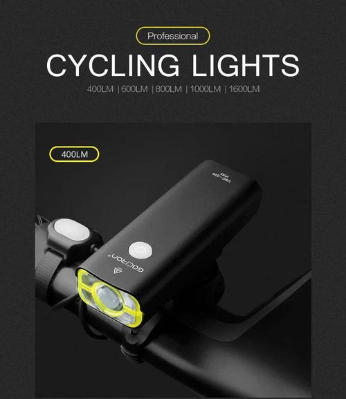 Mandotos GACIRON bicycle front light with 400-1800 lumens, USB rechargeable waterproof LED headlamp for MTB and road cycling.
