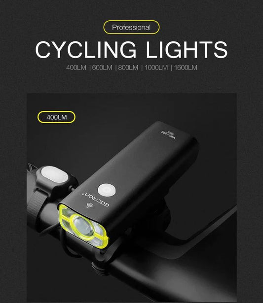 Mandotos GACIRON bicycle front light with 400-1800 lumens, USB rechargeable waterproof LED headlamp for MTB and road cycling.
