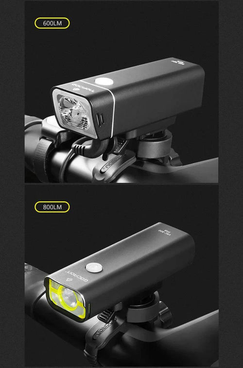 MANDOTOS GACIRON bicycle front light with 400-1800 lumens, waterproof LED headlamp, USB rechargeable for MTB and road cycling.