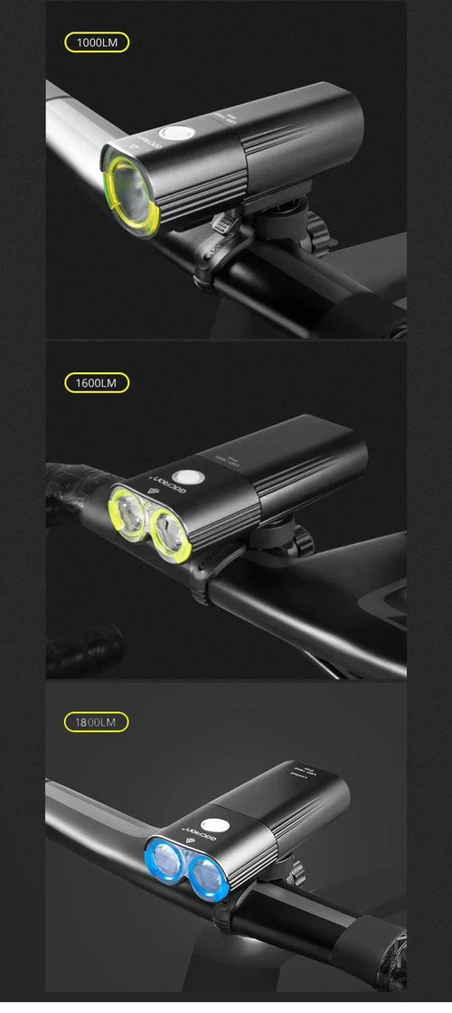 Mandotos GACIRON bicycle front light with 1800 lumens, waterproof LED headlamp, USB rechargeable for MTB and road cycling.