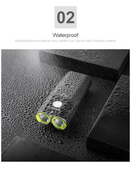 MANDOTOS GACIRON bicycle front light with 1800 lumens, USB rechargeable, waterproof LED headlamp for MTB and road cycling.
