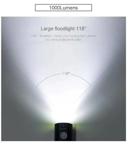 Mandotos GACIRON bicycle front light with 400-1800 lumens, USB rechargeable waterproof LED headlamp for MTB and road cycling.