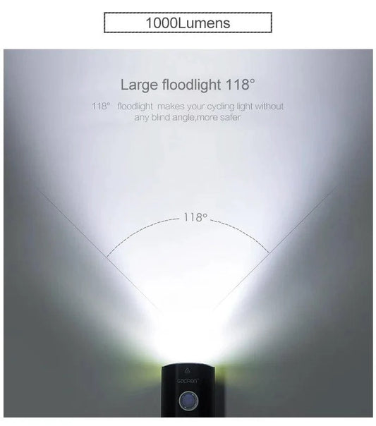 Mandotos GACIRON bicycle front light with 400-1800 lumens, USB rechargeable waterproof LED headlamp for MTB and road cycling.