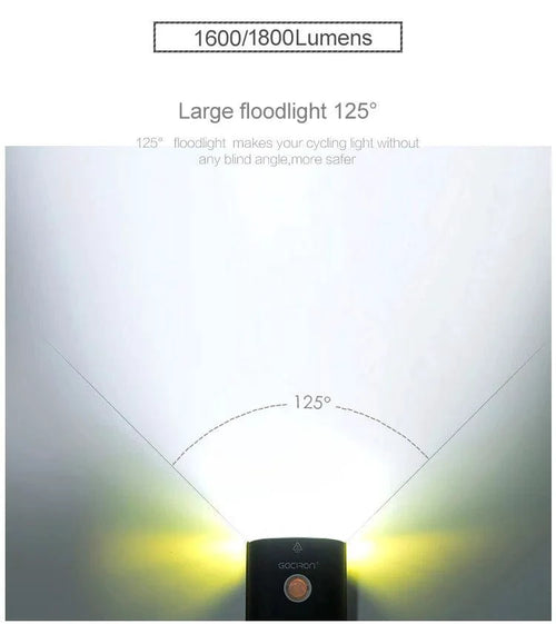 Mandotos GACIRON bicycle front light with 400-1800 lumens, waterproof LED headlamp, USB rechargeable for MTB and road cycling.