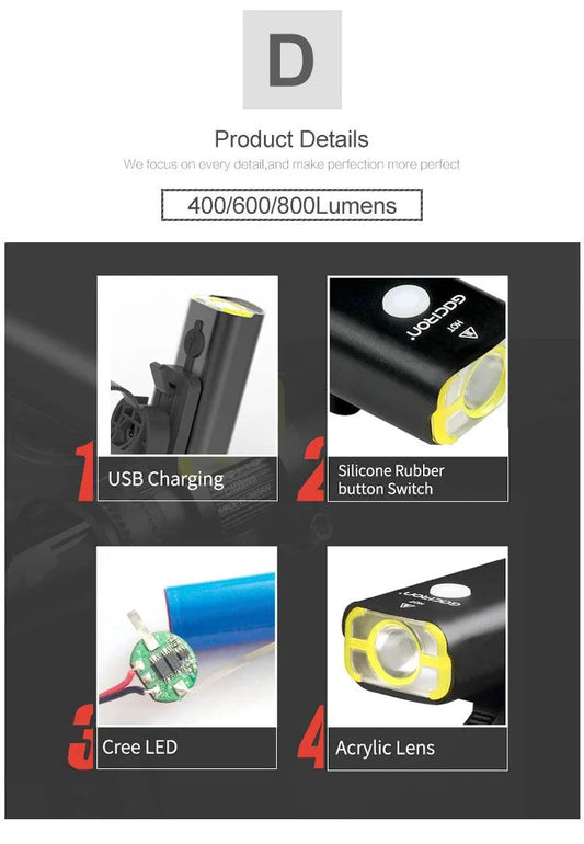 Mandotos GACIRON bicycle front light with 400-1800 lumens, waterproof LED headlamp for MTB and road cycling, USB rechargeable.