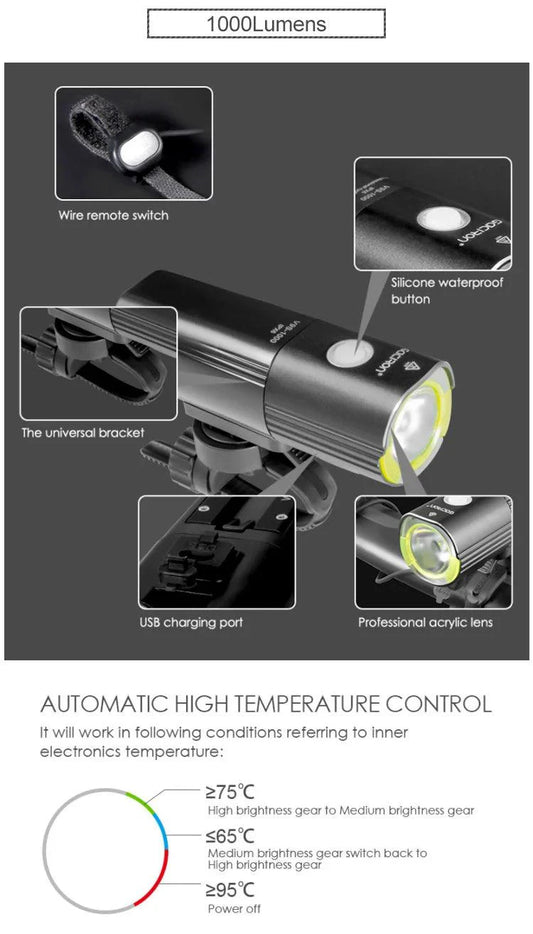Mandotos GACIRON bicycle front light with 400-1800 lumens, waterproof LED headlamp, USB rechargeable for MTB and road cycling.