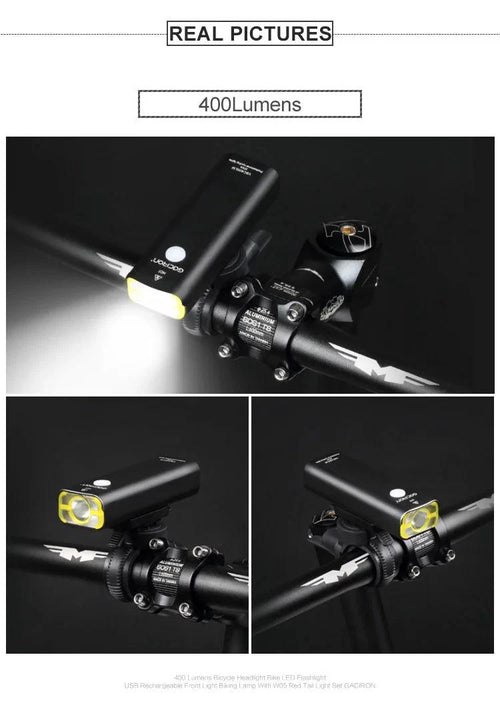 Mandotos GACIRON bicycle front light with 400-1800 lumens, USB rechargeable waterproof LED headlamp for MTB and road cycling.