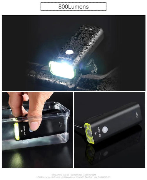 Mandotos GACIRON bicycle front light with 400-1800 lumens, waterproof LED headlamp for MTB and road cycling, USB rechargeable.