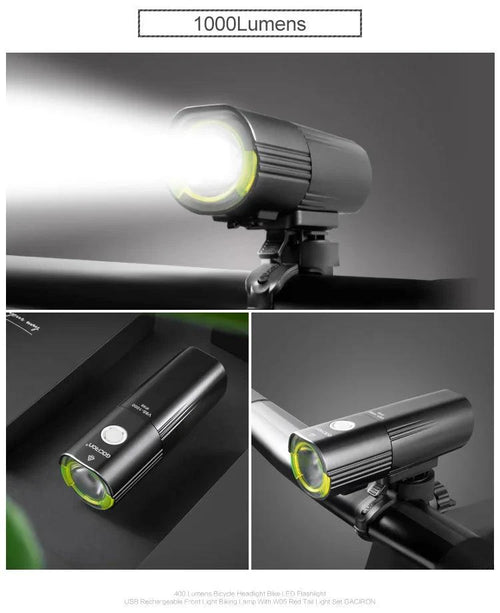 Mandotos GACIRON bicycle front light with 400-1800 lumens, waterproof LED headlamp, USB rechargeable for MTB and road cycling.