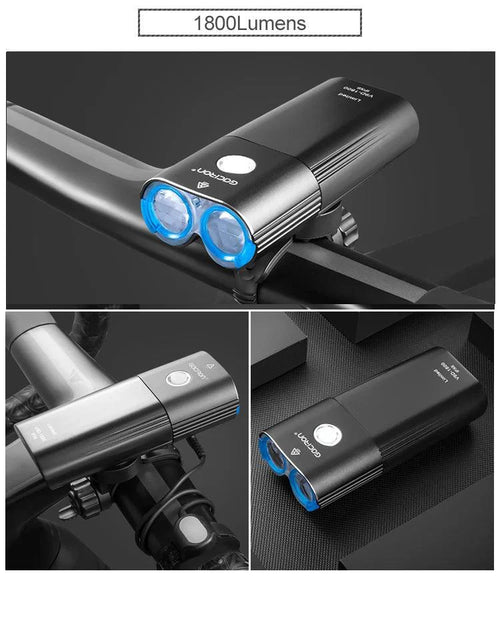 MANDOTOS GACIRON bicycle front light with 400-1800 lumens, waterproof LED headlamp, USB rechargeable for MTB and road bikes.