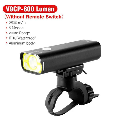 Mandotos GACIRON bicycle front light with 400-1800 lumens, waterproof LED headlamp, USB rechargeable for MTB and road cycling.