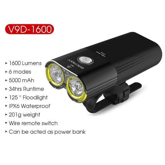 Mandotos GACIRON bicycle front light with 400-1800 lumens, waterproof LED headlamp, USB rechargeable for MTB and road cycling.