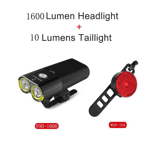 Mandotos GACIRON bicycle front light with 400-1800 lumens, waterproof LED headlamp, USB rechargeable for MTB and road cycling.