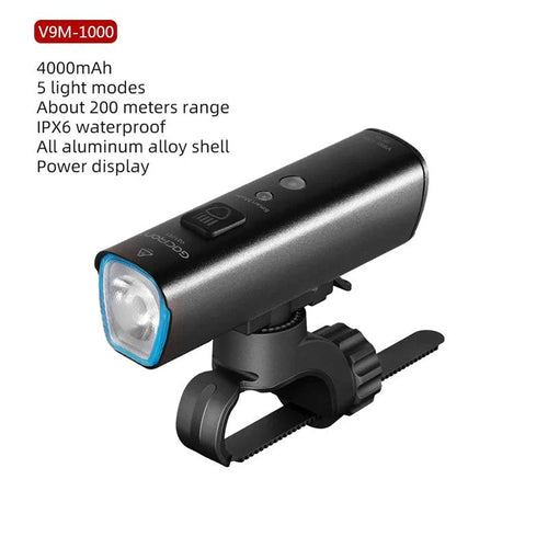 Mandotos GACIRON bicycle front light with 400-1800 lumens, USB rechargeable waterproof LED headlamp for MTB and road cycling.
